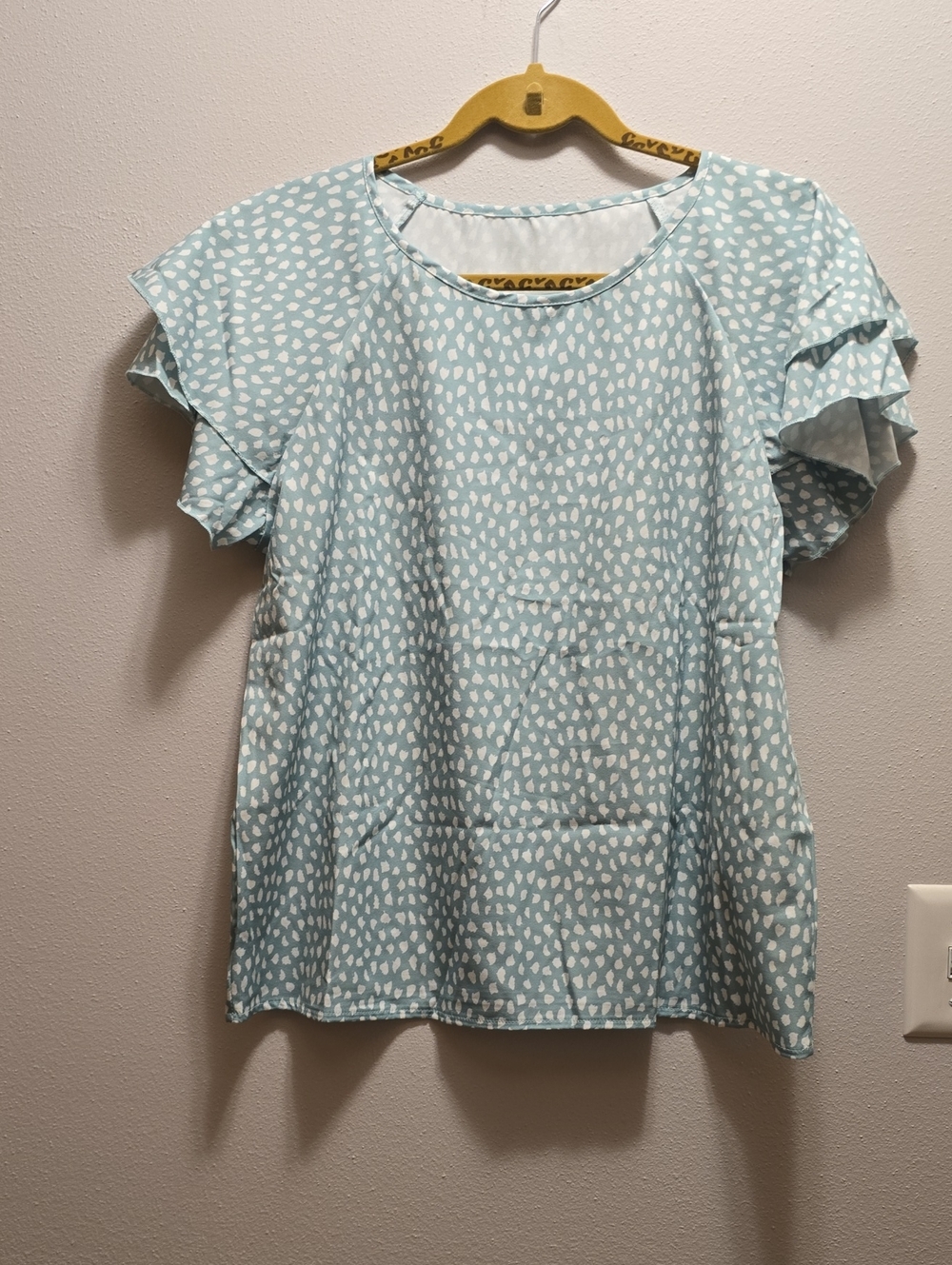SHEIN Mint Green White Print Ruffle Sleeve Blouse